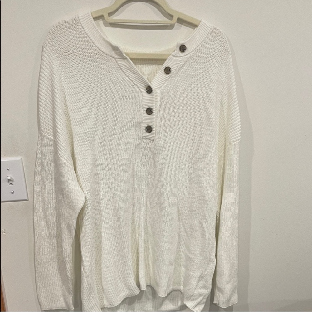 Aerie White Button-Down Henley Sweater